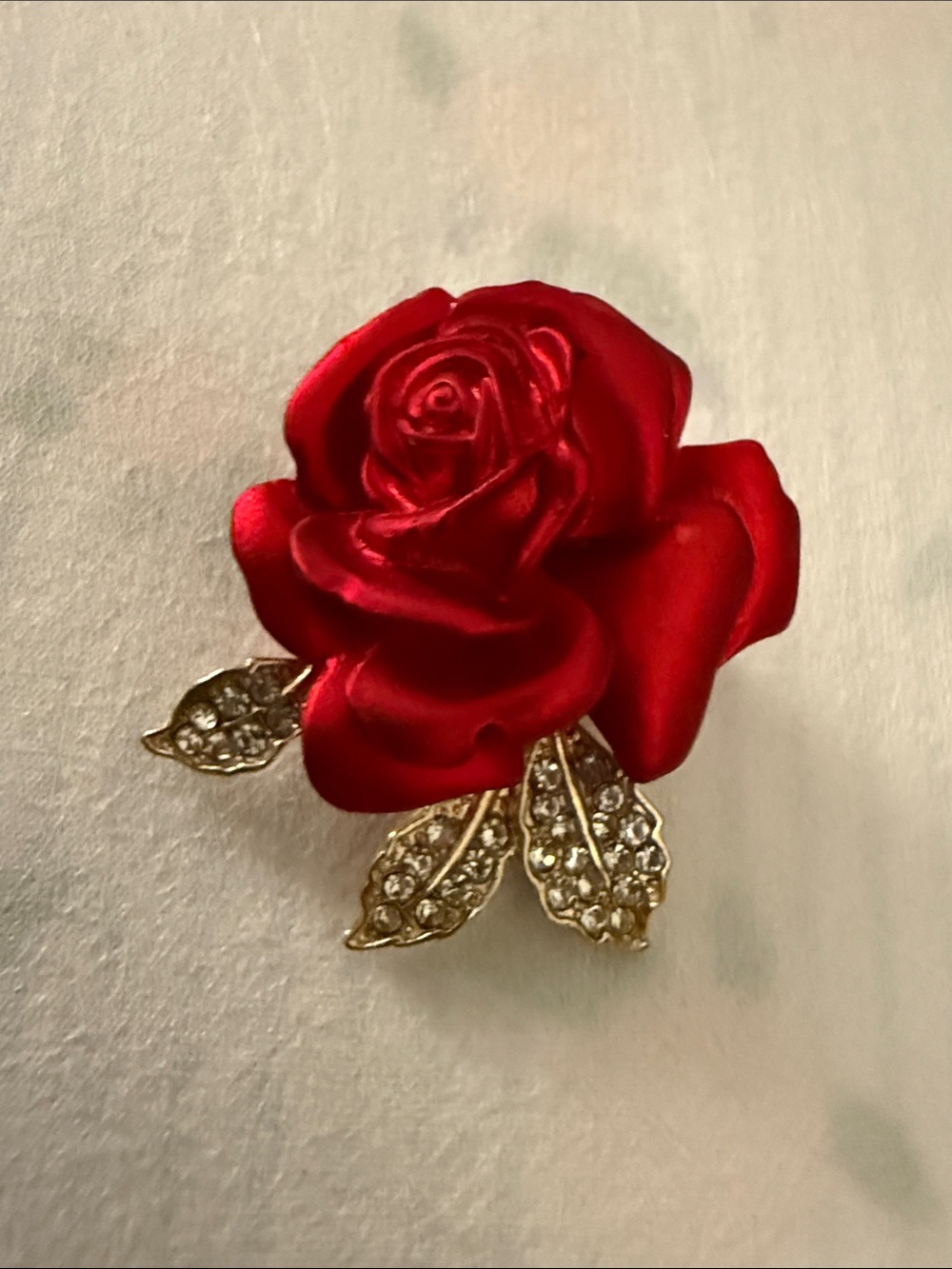 Red Rose Satin Floral Brooch with Crystal-Accented Gold Leaves